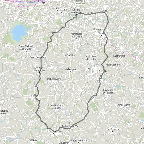 Miniature de la carte de l'inspiration cycliste "Exploration du bocage Vendéen" dans la Pays de la Loire, France. Générée par le planificateur d'itinéraire cycliste Tarmacs.app