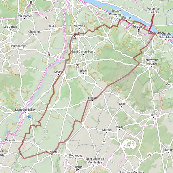 Map miniature of "Gravel Experience: Varennes-sur-Loire to Parnay" cycling inspiration in Pays de la Loire, France. Generated by Tarmacs.app cycling route planner