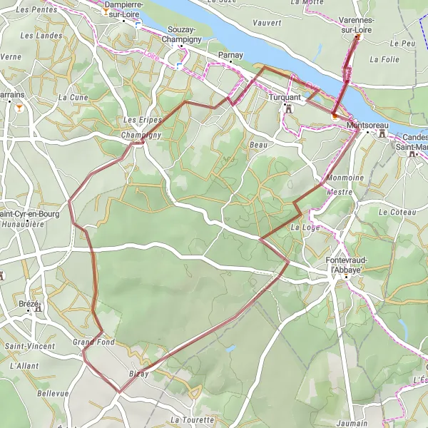 Map miniature of "Tranquil Villages and Renaissance Castles" cycling inspiration in Pays de la Loire, France. Generated by Tarmacs.app cycling route planner