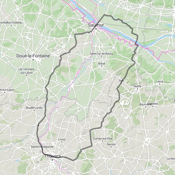 Map miniature of "Road Adventure: Saumur to Varennes-sur-Loire" cycling inspiration in Pays de la Loire, France. Generated by Tarmacs.app cycling route planner