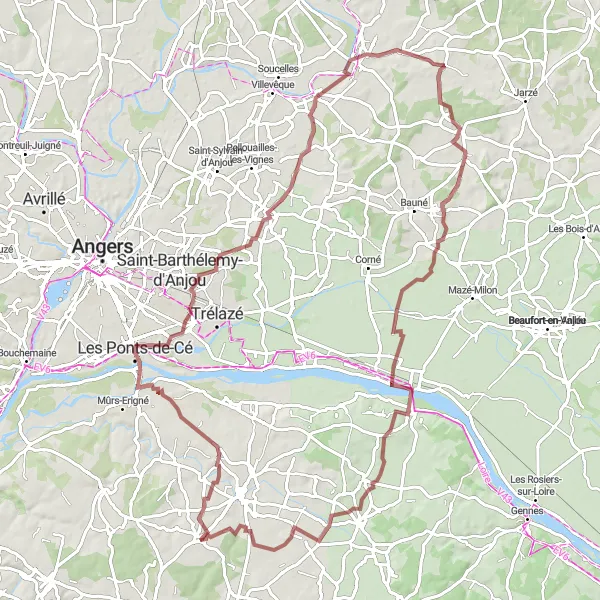 Map miniature of "Gravel Adventure to the Loire River" cycling inspiration in Pays de la Loire, France. Generated by Tarmacs.app cycling route planner