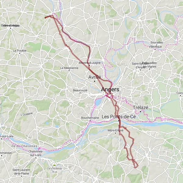 Map miniature of "Gravel Route through Pays de la Loire" cycling inspiration in Pays de la Loire, France. Generated by Tarmacs.app cycling route planner