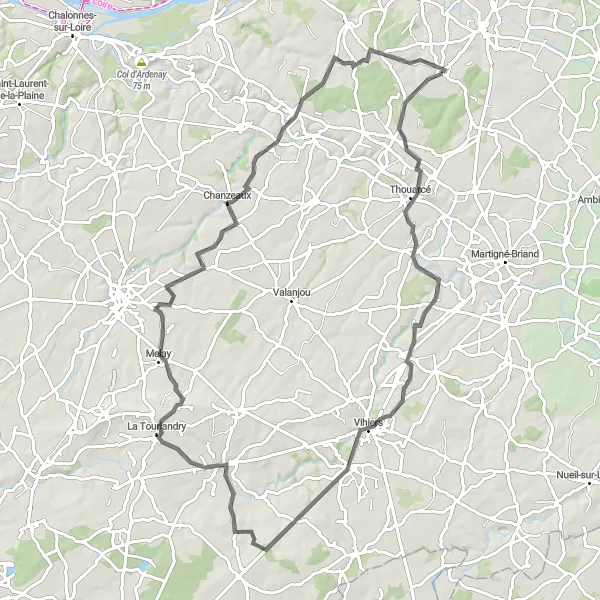 Map miniature of "Loop around Vauchrétien" cycling inspiration in Pays de la Loire, France. Generated by Tarmacs.app cycling route planner