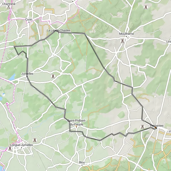 Map miniature of "Countryside Romance" cycling inspiration in Pays de la Loire, France. Generated by Tarmacs.app cycling route planner