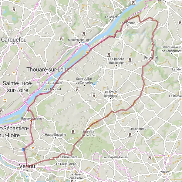 Miniature de la carte de l'inspiration cycliste "Les Berges de l'Erdre" dans la Pays de la Loire, France. Générée par le planificateur d'itinéraire cycliste Tarmacs.app
