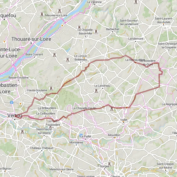 Miniature de la carte de l'inspiration cycliste "Les Collines de Vertou" dans la Pays de la Loire, France. Générée par le planificateur d'itinéraire cycliste Tarmacs.app