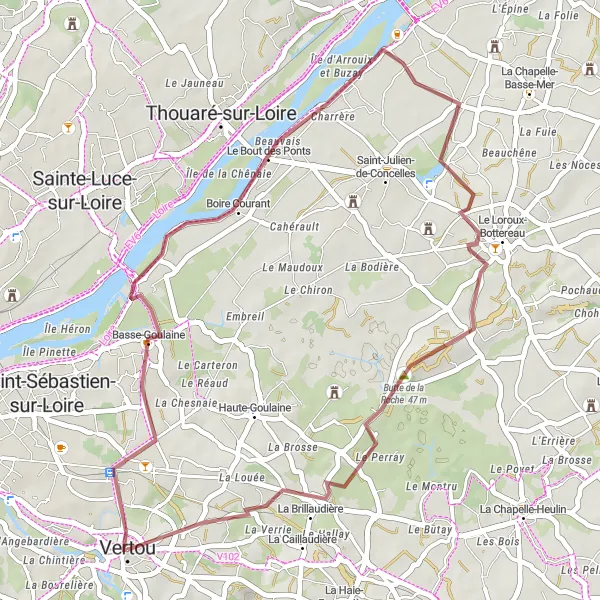 Map miniature of "Riverside Ride" cycling inspiration in Pays de la Loire, France. Generated by Tarmacs.app cycling route planner