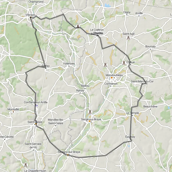 Miniature de la carte de l'inspiration cycliste "Tour de Savigny-sur-Braye" dans la Pays de la Loire, France. Générée par le planificateur d'itinéraire cycliste Tarmacs.app