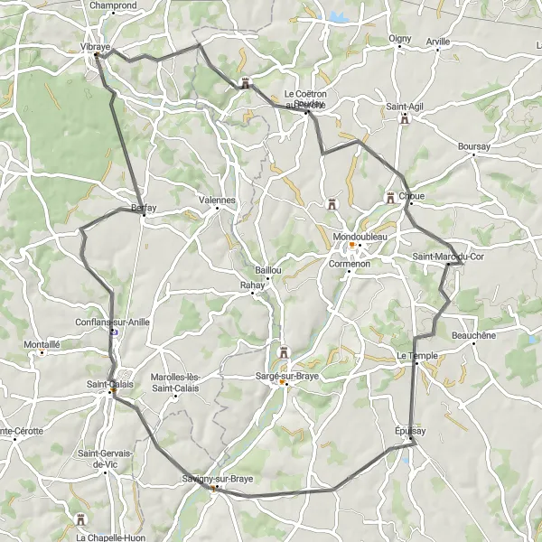 Map miniature of "Tranquil Road Cycling Route through Charming Villages of Pays de la Loire" cycling inspiration in Pays de la Loire, France. Generated by Tarmacs.app cycling route planner