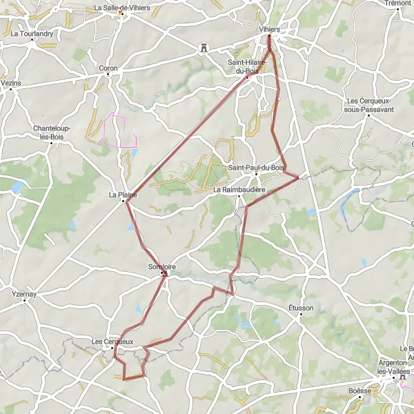 Map miniature of "Gravel Adventure to Saint-Hilaire-du-Bois" cycling inspiration in Pays de la Loire, France. Generated by Tarmacs.app cycling route planner