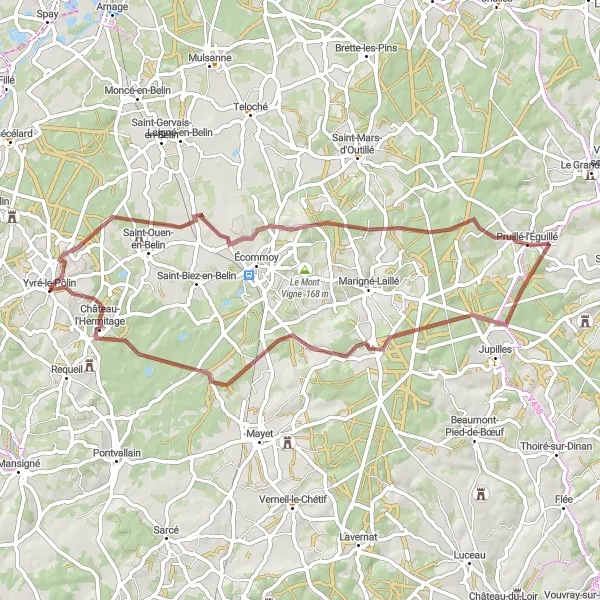 Map miniature of "Manoir de la Poissonnière to Château-l'Hermitage Gravel Route" cycling inspiration in Pays de la Loire, France. Generated by Tarmacs.app cycling route planner