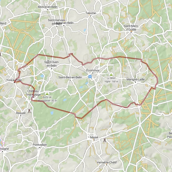Map miniature of "Manoir de la Poissonnière to Château-l'Hermitage Gravel Route" cycling inspiration in Pays de la Loire, France. Generated by Tarmacs.app cycling route planner