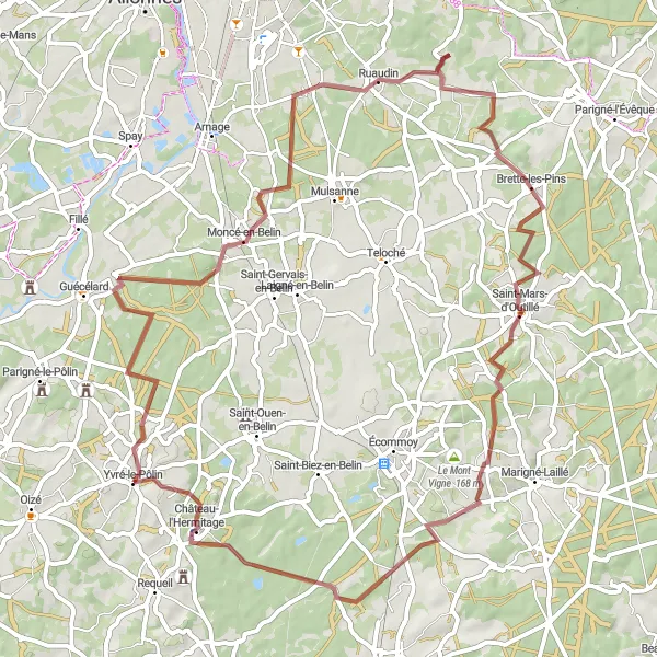 Map miniature of "Gravel Escape to Château-l'Hermitage" cycling inspiration in Pays de la Loire, France. Generated by Tarmacs.app cycling route planner