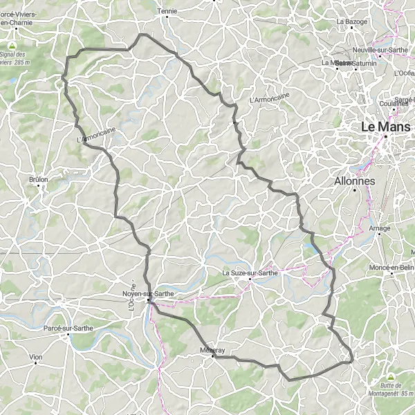 Map miniature of "Mézeray to Guécélard Road Route" cycling inspiration in Pays de la Loire, France. Generated by Tarmacs.app cycling route planner