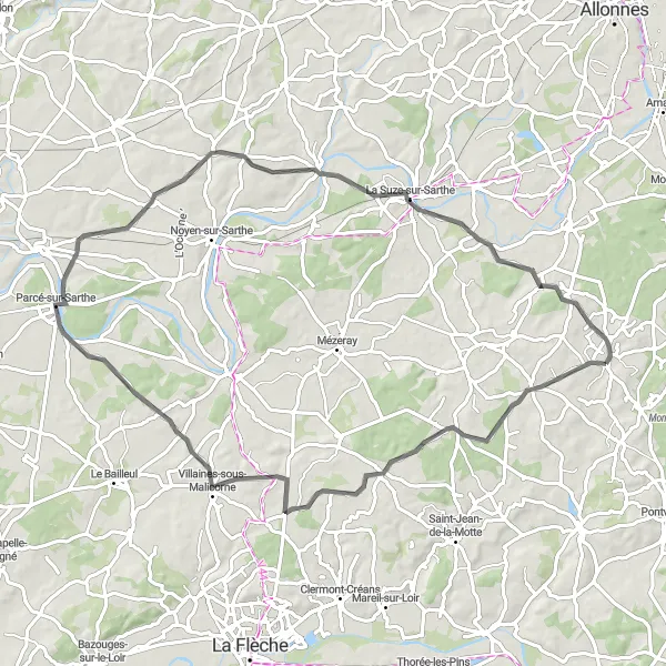 Map miniature of "La Fontaine-Saint-Martin to Parigné-le-Pôlin Road Route" cycling inspiration in Pays de la Loire, France. Generated by Tarmacs.app cycling route planner