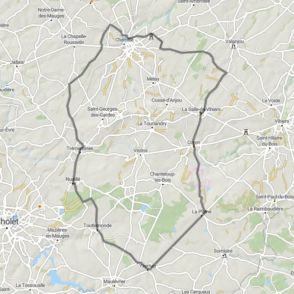 Map miniature of "Toutlemonde Circuit" cycling inspiration in Pays de la Loire, France. Generated by Tarmacs.app cycling route planner