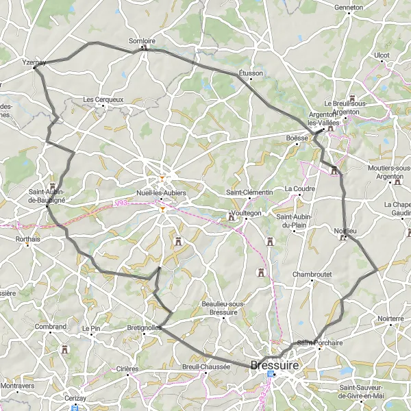 Miniature de la carte de l'inspiration cycliste "Escapade au Pays des Châteaux" dans la Pays de la Loire, France. Générée par le planificateur d'itinéraire cycliste Tarmacs.app