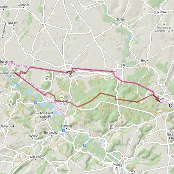 Map miniature of "Agnetz to Rochy-Condé Gravel Route" cycling inspiration in Picardie, France. Generated by Tarmacs.app cycling route planner