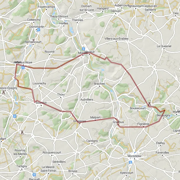 Map miniature of "Gravel Cycling Adventure From Ailly-sur-Noye to Berny sur Noye" cycling inspiration in Picardie, France. Generated by Tarmacs.app cycling route planner