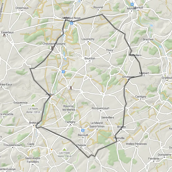 Map miniature of "Villers-Tournelle Loop" cycling inspiration in Picardie, France. Generated by Tarmacs.app cycling route planner