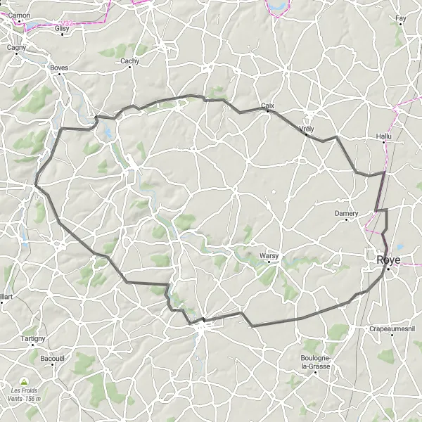 Map miniature of "Ailly-sur-Noye to Louvrechy Road Cycling Route" cycling inspiration in Picardie, France. Generated by Tarmacs.app cycling route planner