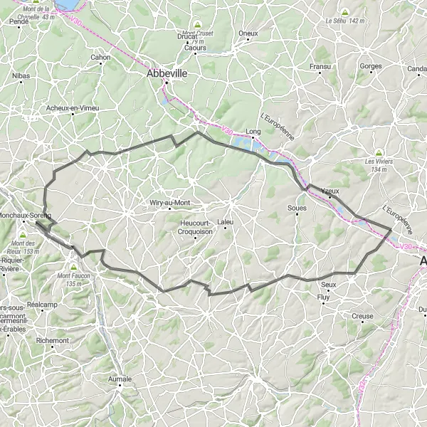 Map miniature of "The Somme Valley Road Adventure" cycling inspiration in Picardie, France. Generated by Tarmacs.app cycling route planner