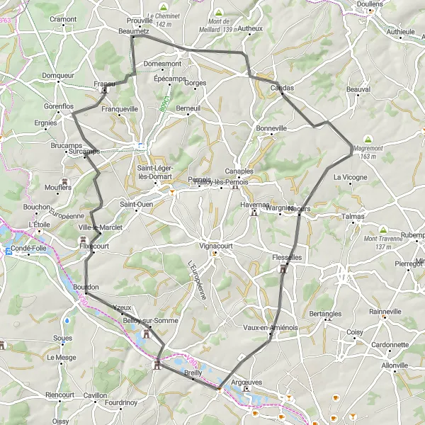 Miniature de la carte de l'inspiration cycliste "Vers les villages de la Somme en route" dans la Picardie, France. Générée par le planificateur d'itinéraire cycliste Tarmacs.app
