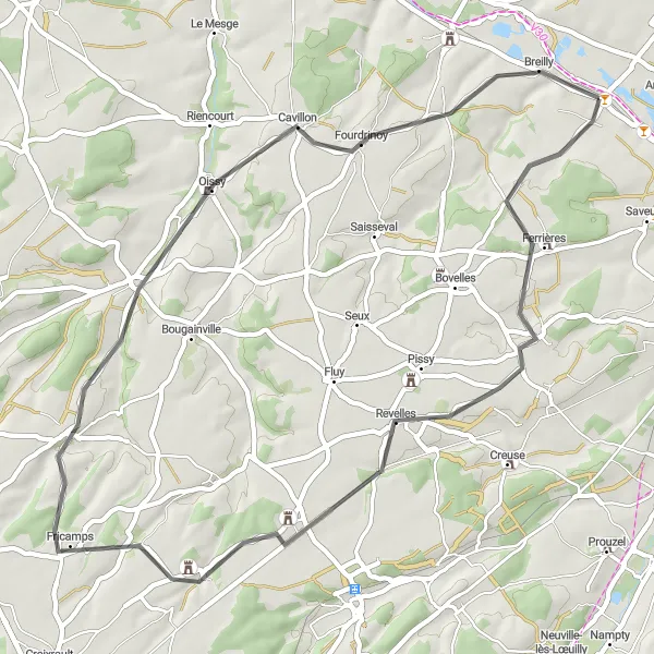 Miniature de la carte de l'inspiration cycliste "Balade vers Bussy-lès-Poix et Cavillon" dans la Picardie, France. Générée par le planificateur d'itinéraire cycliste Tarmacs.app