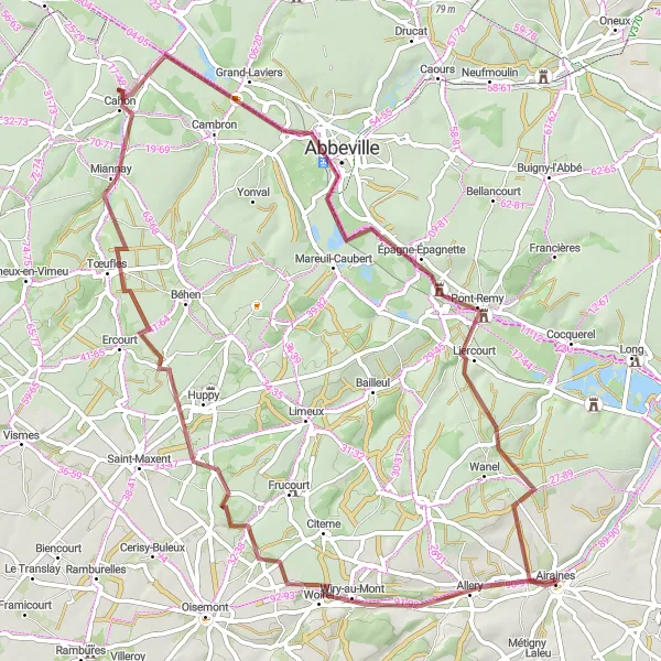 Miniature de la carte de l'inspiration cycliste "Parcours gravel vers Cahon et Abbeville" dans la Picardie, France. Générée par le planificateur d'itinéraire cycliste Tarmacs.app