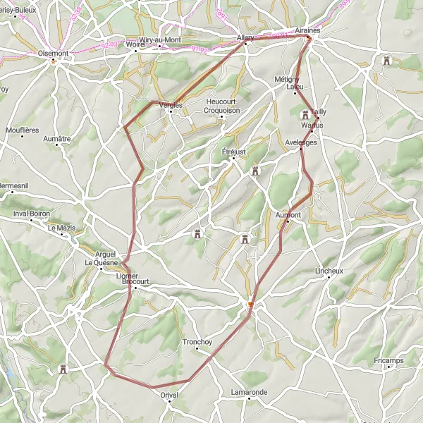 Map miniature of "Gravel Tour through Métigny and Allery" cycling inspiration in Picardie, France. Generated by Tarmacs.app cycling route planner