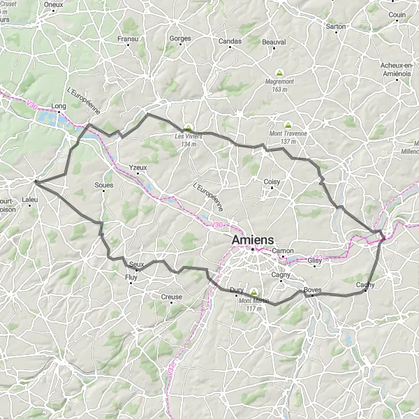 Miniature de la carte de l'inspiration cycliste "Boucle vers Flixecourt et Villers-Bocage" dans la Picardie, France. Générée par le planificateur d'itinéraire cycliste Tarmacs.app
