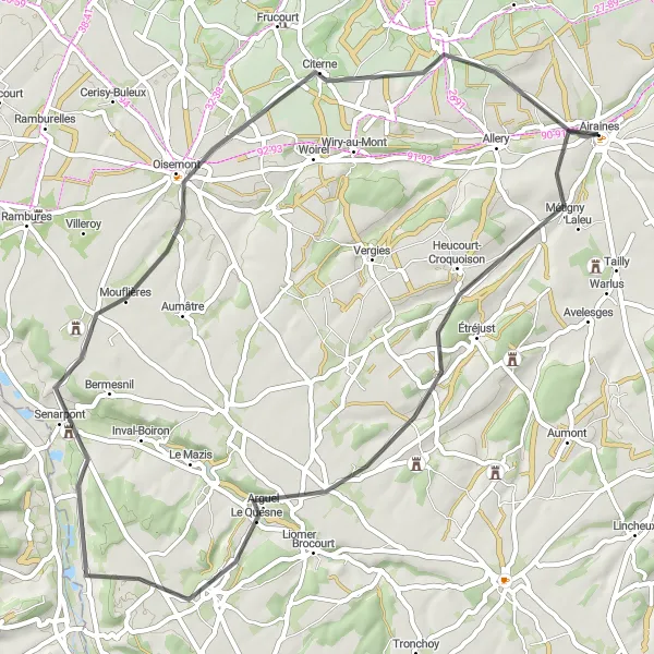 Miniature de la carte de l'inspiration cycliste "Itinéraire vers Le Quesne et Cannessières" dans la Picardie, France. Générée par le planificateur d'itinéraire cycliste Tarmacs.app