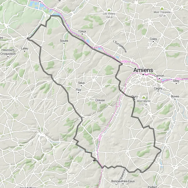 Map miniature of "Road Cycling Adventure around Airaines and Monsures" cycling inspiration in Picardie, France. Generated by Tarmacs.app cycling route planner