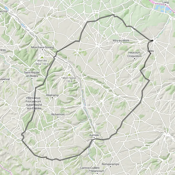 Map miniature of "Epic Road Cycling Route to Doudelainville and Hallencourt" cycling inspiration in Picardie, France. Generated by Tarmacs.app cycling route planner