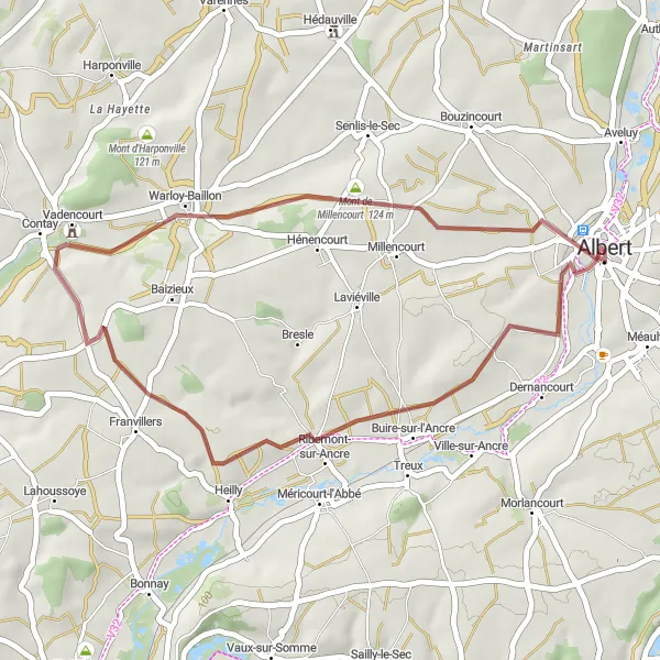 Miniature de la carte de l'inspiration cycliste "Parcours enchanteur autour d'Albert" dans la Picardie, France. Générée par le planificateur d'itinéraire cycliste Tarmacs.app