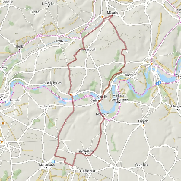 Miniature de la carte de l'inspiration cycliste "Circuit pittoresque à partir d'Albert" dans la Picardie, France. Générée par le planificateur d'itinéraire cycliste Tarmacs.app