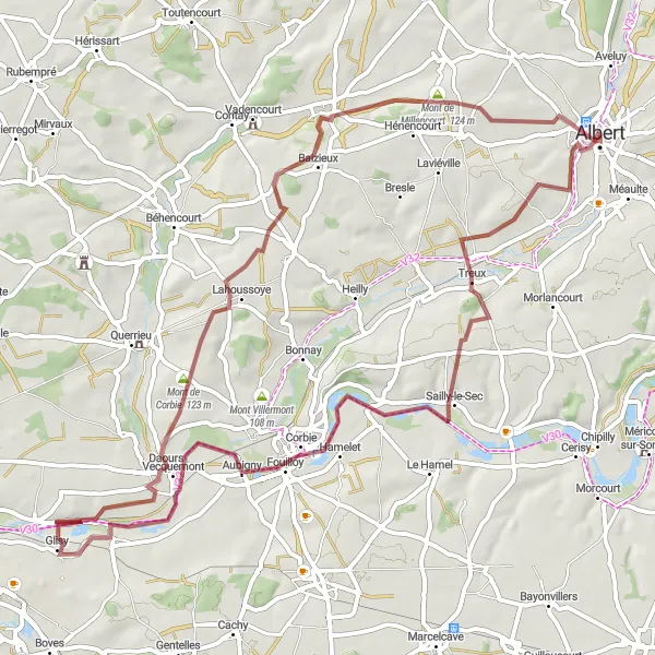 Miniature de la carte de l'inspiration cycliste "Circuit gravel à partir d'Albert" dans la Picardie, France. Générée par le planificateur d'itinéraire cycliste Tarmacs.app