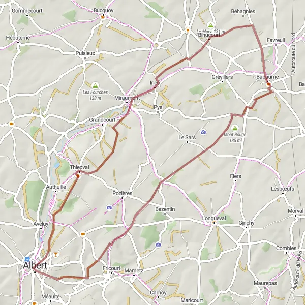 Miniature de la carte de l'inspiration cycliste "Parcours gravel autour d'Albert" dans la Picardie, France. Générée par le planificateur d'itinéraire cycliste Tarmacs.app