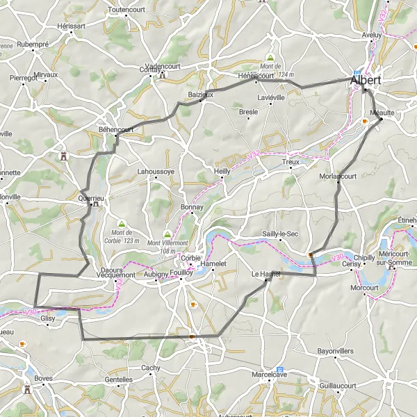 Miniature de la carte de l'inspiration cycliste "Itinéraire pittoresque autour d'Albert" dans la Picardie, France. Générée par le planificateur d'itinéraire cycliste Tarmacs.app