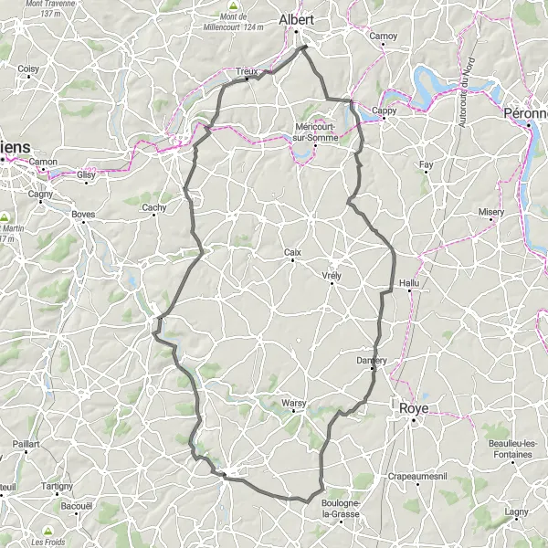 Miniature de la carte de l'inspiration cycliste "Tour panoramique au départ d'Albert" dans la Picardie, France. Générée par le planificateur d'itinéraire cycliste Tarmacs.app