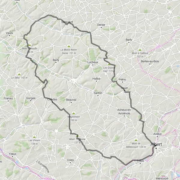 Map miniature of "A Scenic Loop from Heilly to Bouzincourt" cycling inspiration in Picardie, France. Generated by Tarmacs.app cycling route planner