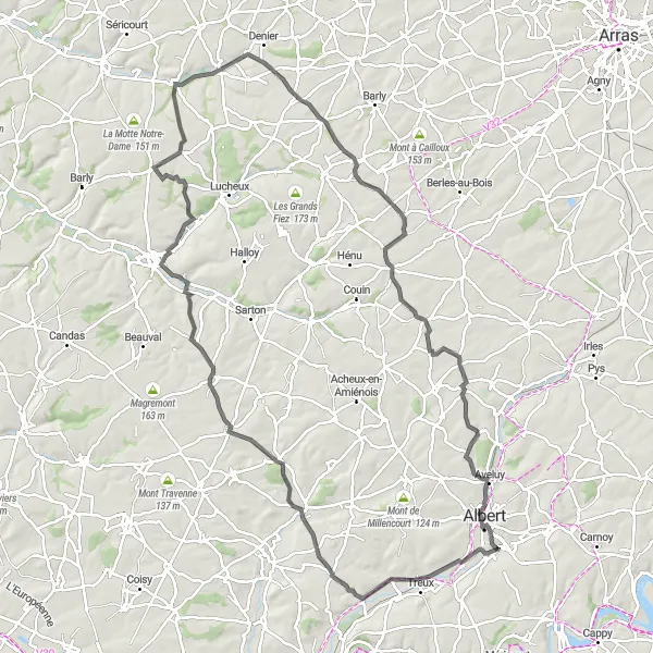 Miniature de la carte de l'inspiration cycliste "Itinéraire cyclable au départ d'Albert" dans la Picardie, France. Générée par le planificateur d'itinéraire cycliste Tarmacs.app