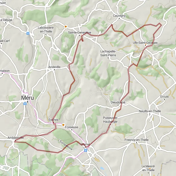 Miniature de la carte de l'inspiration cycliste "Parcours de Gravel Esches" dans la Picardie, France. Générée par le planificateur d'itinéraire cycliste Tarmacs.app