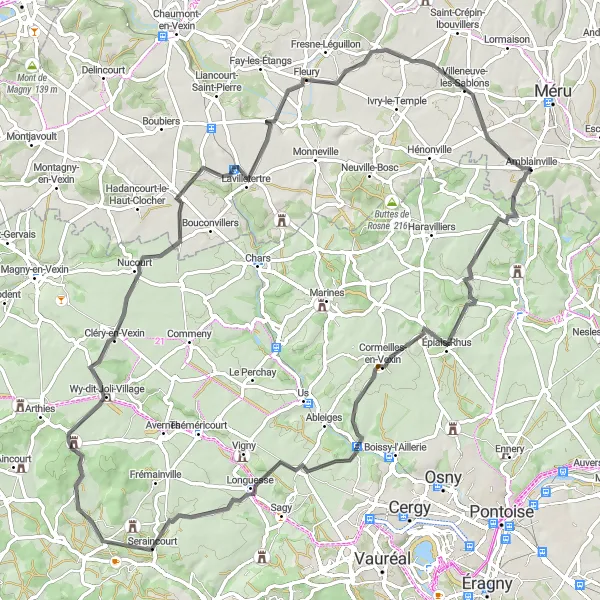 Miniature de la carte de l'inspiration cycliste "Exploration des Vallées du Vexin" dans la Picardie, France. Générée par le planificateur d'itinéraire cycliste Tarmacs.app