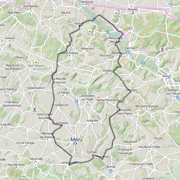 Miniature de la carte de l'inspiration cycliste "Route Cyclable Lormaison" dans la Picardie, France. Générée par le planificateur d'itinéraire cycliste Tarmacs.app