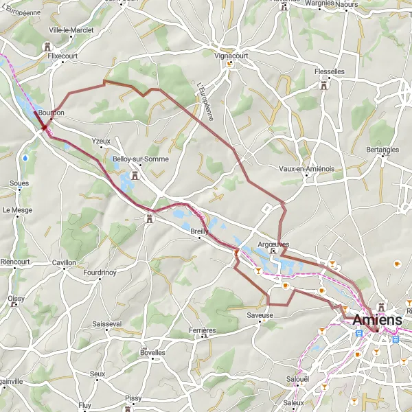Miniature de la carte de l'inspiration cycliste "Boucle gravel autour d'Amiens" dans la Picardie, France. Générée par le planificateur d'itinéraire cycliste Tarmacs.app