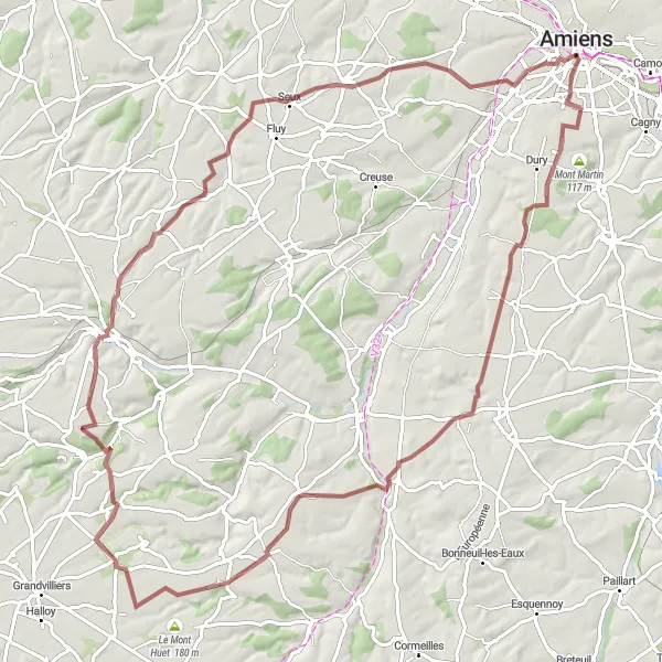 Miniature de la carte de l'inspiration cycliste "Circuit de gravel autour d'Amiens" dans la Picardie, France. Générée par le planificateur d'itinéraire cycliste Tarmacs.app