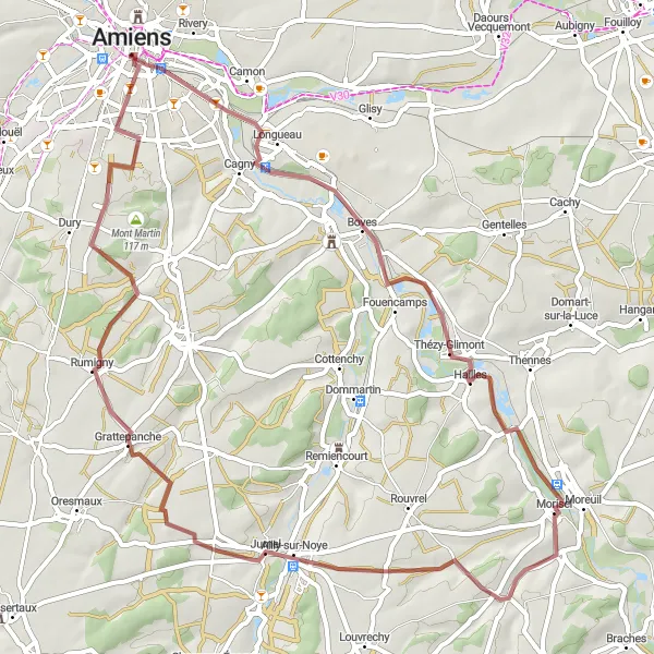 Map miniature of "Gravel Adventure: Boves - Ancien couvent des Soeurs Grises" cycling inspiration in Picardie, France. Generated by Tarmacs.app cycling route planner