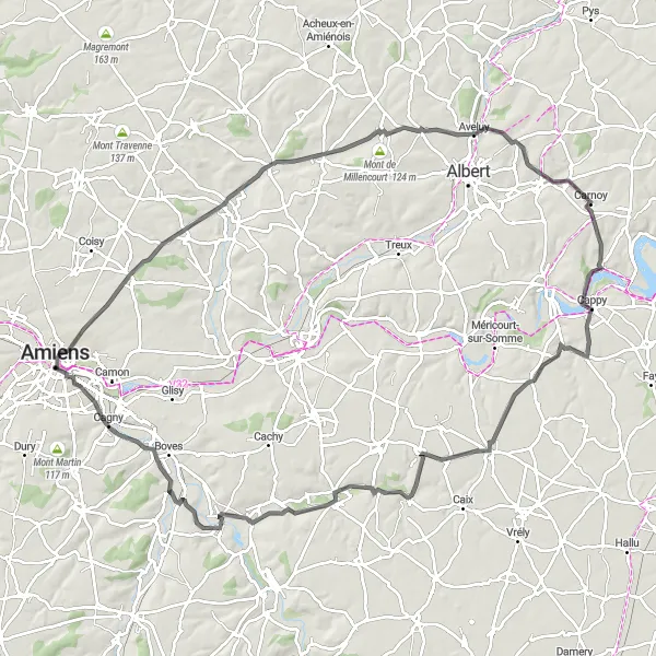 Map miniature of "Amiens Rural Adventure" cycling inspiration in Picardie, France. Generated by Tarmacs.app cycling route planner