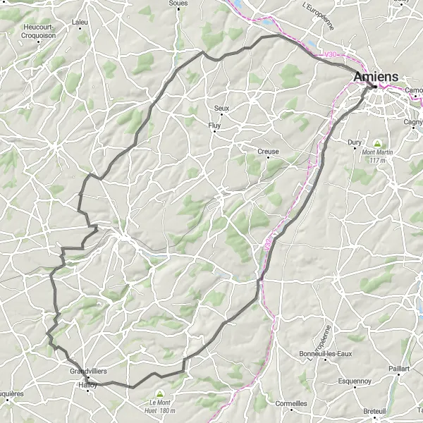 Map miniature of "Classic Road Cycling: Saleux - Dreuil-lès-Amiens" cycling inspiration in Picardie, France. Generated by Tarmacs.app cycling route planner